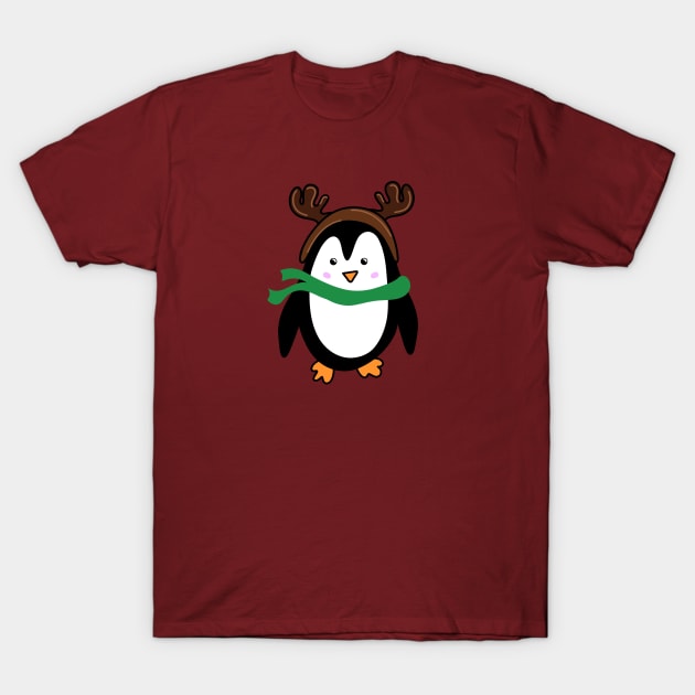 Festive Christmas Holiday Penguin Cartoon Doodle with Reindeer Antlers, made by EndlessEmporium T-Shirt by EndlessEmporium